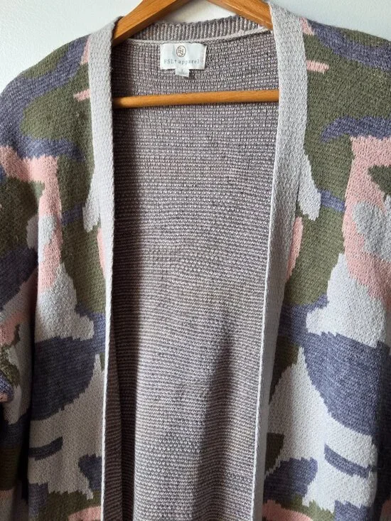 EUC FSL APPAREL CAMO PATTERN LONGLINE OPEN CARDIGAN SWEATER SIZE L - Picture 5 of 16